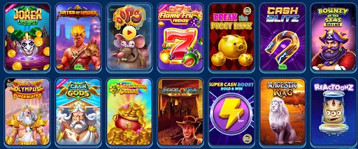 SGcasino Slot Games Collection – Play Top Online Slots. Grid of colorful slot game covers with themes like jokers, mythology, pirates, and treasure.