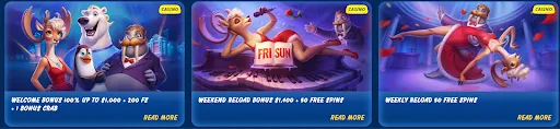 SGcasino – Welcome & Weekend Reload Bonuses with Free Spins. SGcasino animated bonus promotions with animal characters for welcome and reload offers.