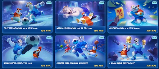 SGcasino Sports Bonuses – Deposit, Cashback & Boosted Odds. Sports promotions with animated polar bear and penguin mascots in various athletic scenes.